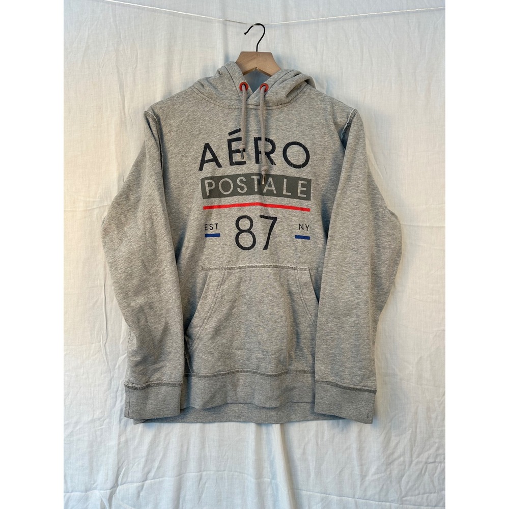 Aeropostale Womens Graphic Hoodie Gray Sleeve Pullover Sweatshirt Size L #2197